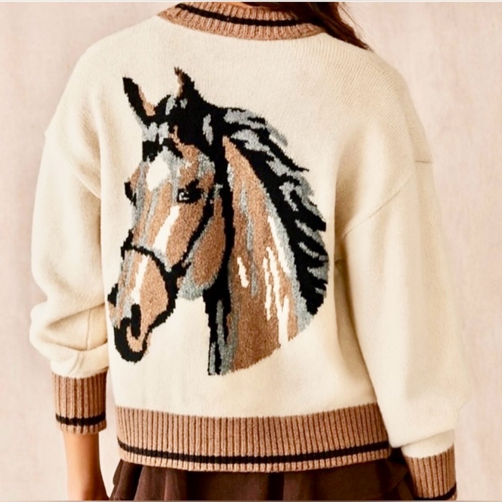 Cardigan Equestrian Coastal Cowgirl Western Horse Cream Sweater w/ Buttons NWT 🐴